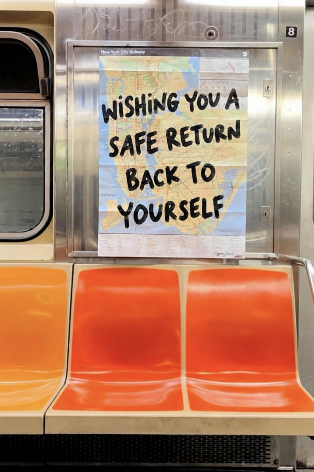 New York subway poster with the words wishing you a safe return back to yourself